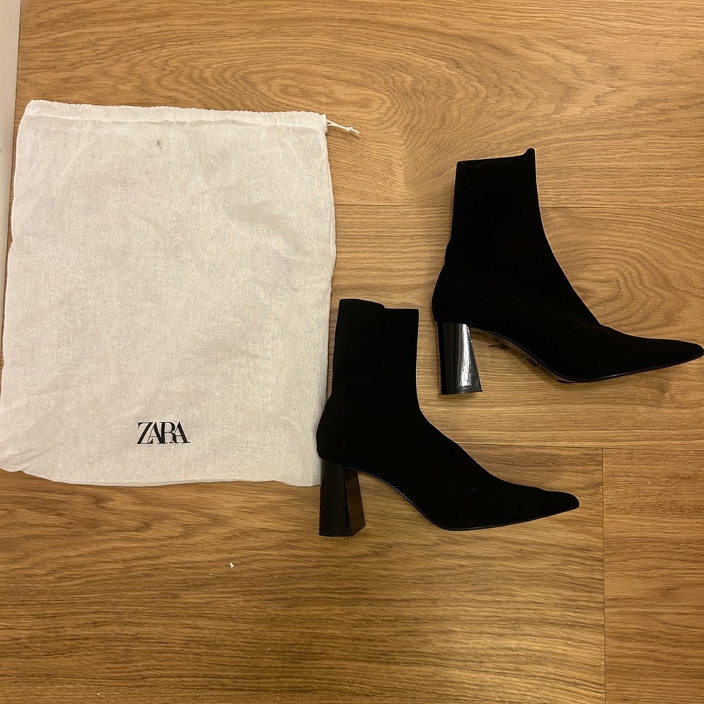 Zara Black Pointed Sock Ankle Boots with Block Heel